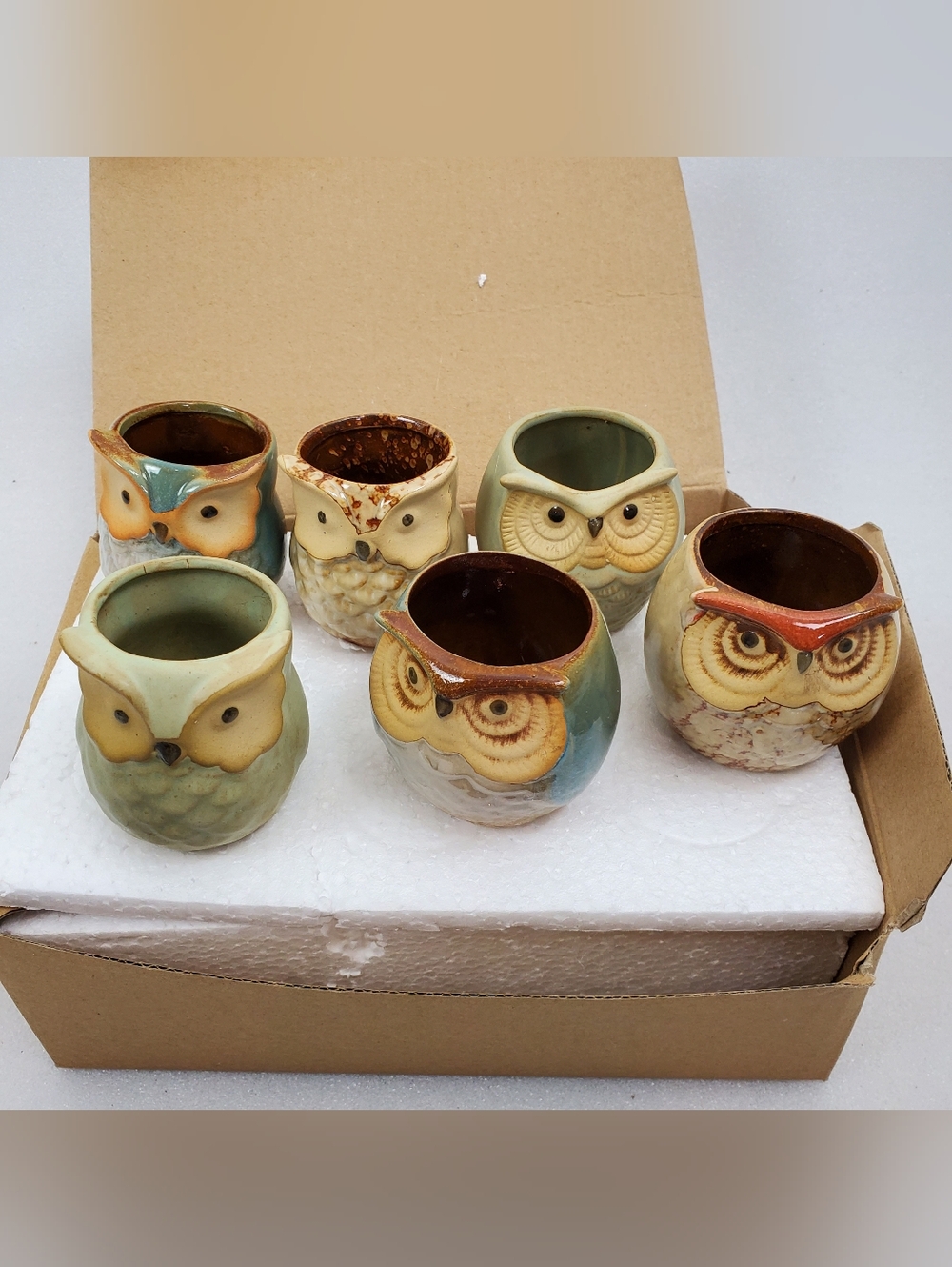 Luckego NIB 6 ceramic owl plant pots containers 2-1/4" high